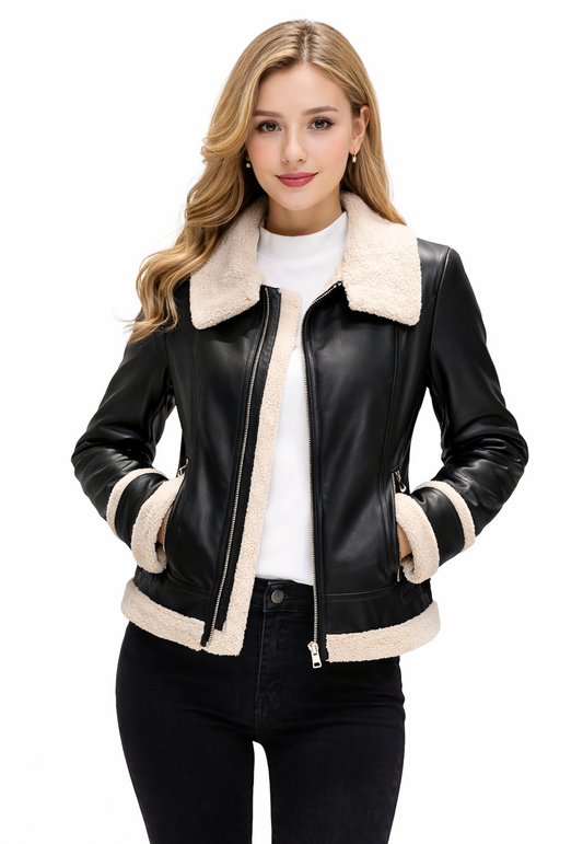 Shearling Trim Faux Leather Jacket